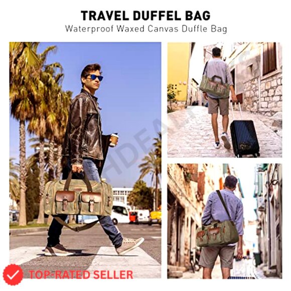 Waxed Canvas Travel Duffle Bag Waterproof Weekender Overnight Carry-On - Picture 4 of 7